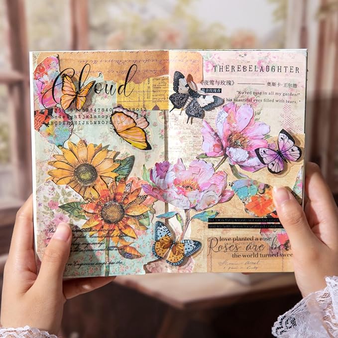 60 PCS Vintage Hard Card Flower Leaf Mushroom Butterfly Stickers, Aesthetic Decorative 3D Simulation Scrapbook Stickers for DIY Diary Junk Journal Handbook Journaling Scrapbooking Supplies Kit