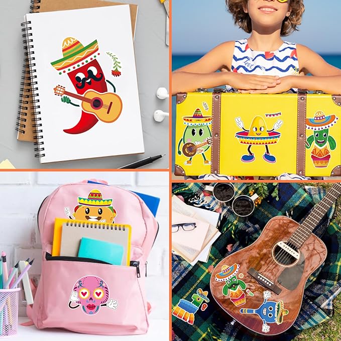 24 PCS Mexican Fiesta Stickers, Make Your Own Mexican Carnival Stickers, Make a Face Stickers for Kids, Cinco De Mayo Tacos Cactus Guitar Sticker for Mexican Carnival Themed Birthday Party Supplies