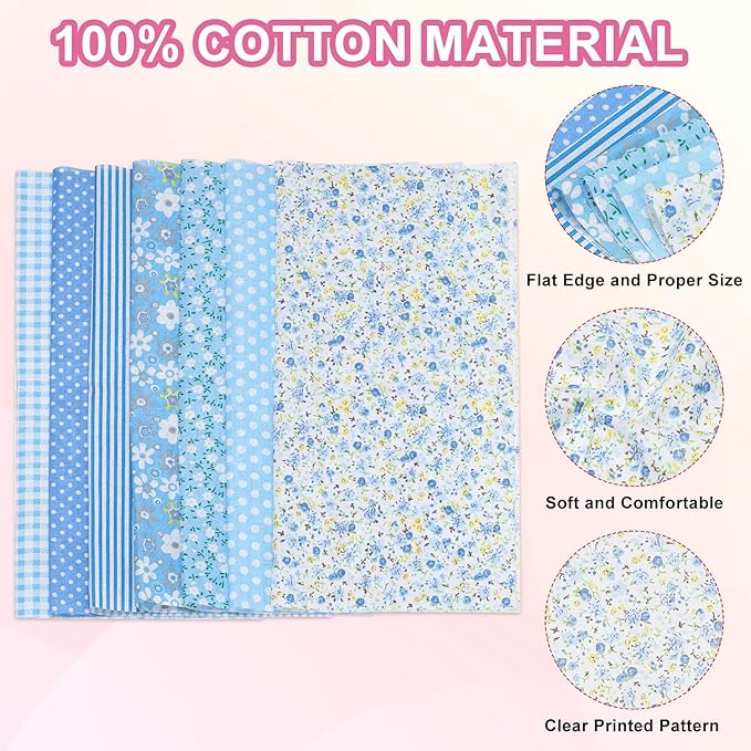 PATIKIL Cotton Fabric Bundles, 7 Pcs 20 x 20 Inch Pure Cotton Fat Quarter Floral Printed Precut Fabric Squares for Sewing Patchwork Quilting DIY Crafts, Blue