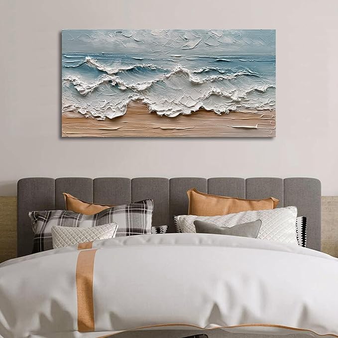 Art 30x60 inches Hand-Painted Sea Wave Beach Landscape Oil Painting Modern Abstract Canvas Art Large Oil Painting Home Office Wall Decoration