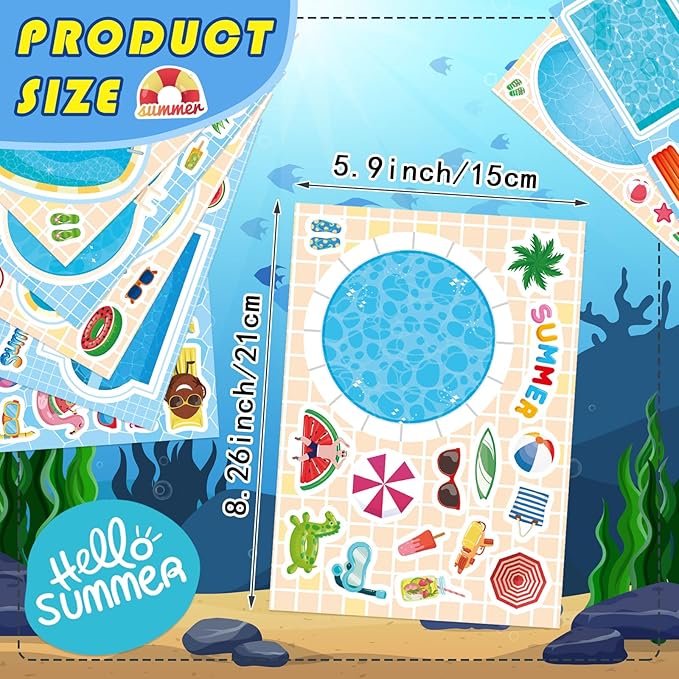 24 Sheets Summer Stickers for Kids, Make a Pool Sticker, Make Your Own Stickers Mix & Match Craft Kit for Summer Party Favors & Activities