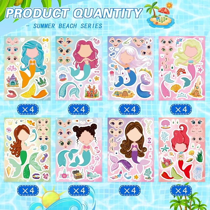 32 Sheets Mermaid Stickers for Kids, Make Your Own Sticker, Mermaid Make a Face Stickers for Kids Party Favors, Classroom Teacher Rewards, Art Craft Supplies