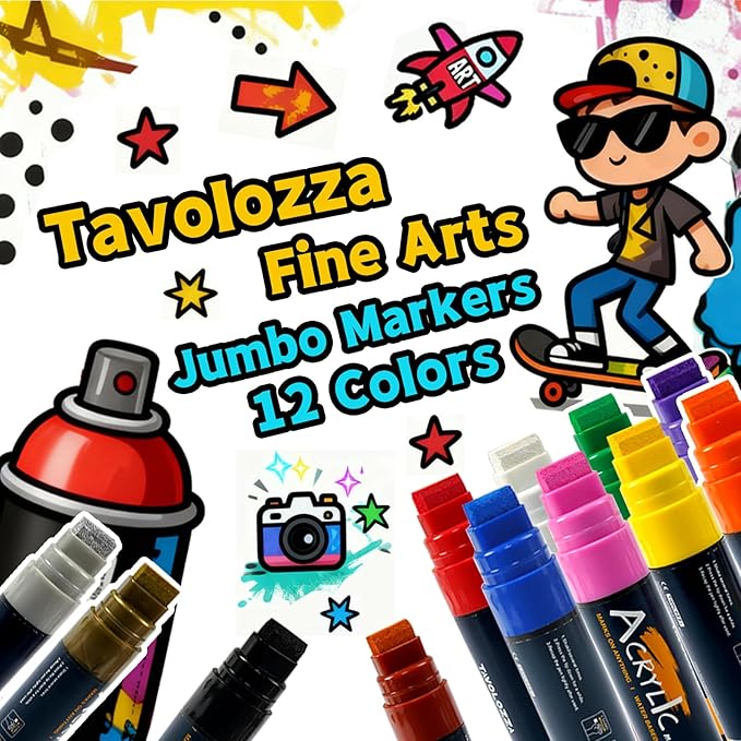 Tavolozza Fine Arts 12 Colors Jumbo Markers, 15mm Felt Tip Jumbo Poster Markers Set, Acrylic Paint Markers for Rock Painting, Poster, Stone, Ceramic, Glass, Wood, Canvas, Metal, Plastic & Fabric