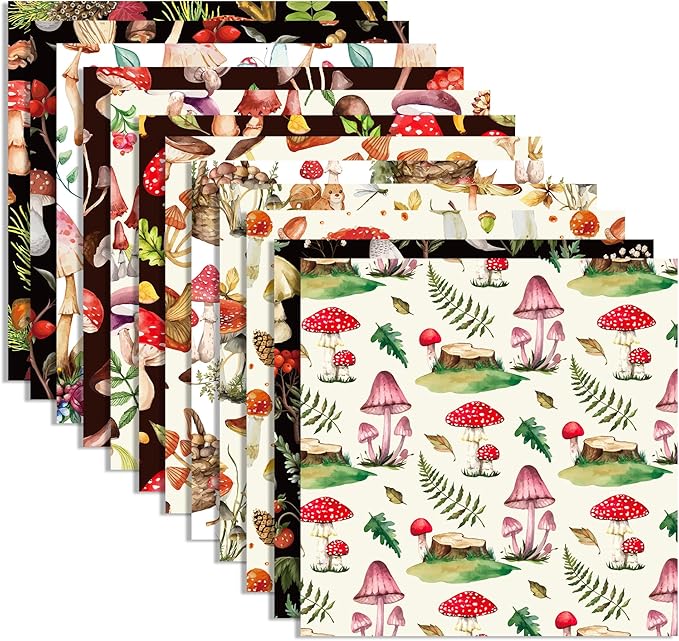 24 Sheets Mushroom Scrapbook Paper Pad Double-Sided Vintage Mushroom Squirrel Plants Moth Patterned Decorative Craft Paper for Card Making Photo Album Journal DIY Craft, 11.8'' x 11.8''