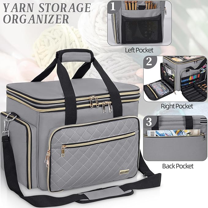 Knitting Bag Yarn Storage Tote, Large Crochet Organizer Bag, Yarn Holder Case for Knitting Needles, Knitting Project Bag with Inner Divider for Crochet Hooks, Knitting Accessories, Grey
