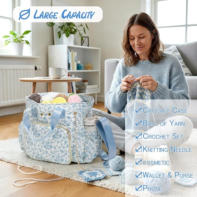 SilTriangle Large Blue Floral Quilted Crochet Knitting Bags and Totes Organizer Cotton Yarn Hook Bag Holder Christmas Corduroy Gift for Crochet Lover Crocheting Accessories, Needle with Zipper, Size M
