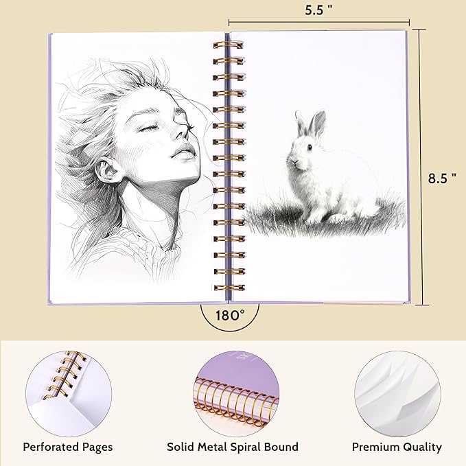 Yoment 5.5" x 8.5" Sketch Book, Small Sketchbook for Drawing, 100 Sheets(68 lb/100gsm) Hardcover Spiral Sketch Pad for Kids with Pencil Art Sketchbook Drawing Paper Pad Book for Adults Artists,Purple