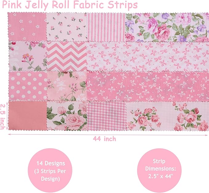Pink Jelly Rolls for Quilting Clearance, 42 Strip 2.5" x 44" Jelly Roll Fabric clearance, Soft Cotton Strips for Blanket, Rug, Upholstery, Holiday Valentine's Party Decor, Home Décor, and Crafts, Pink