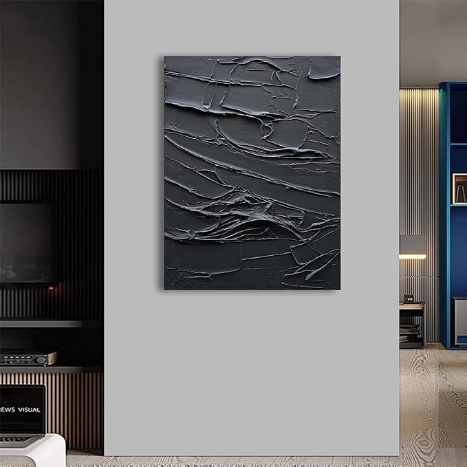 NANKAI Art Hand Painted Thick Texture Black Minimalist Vertical Wall Art 40x28 inches Black Oil Painting Contemporary Art Oil on Canvas