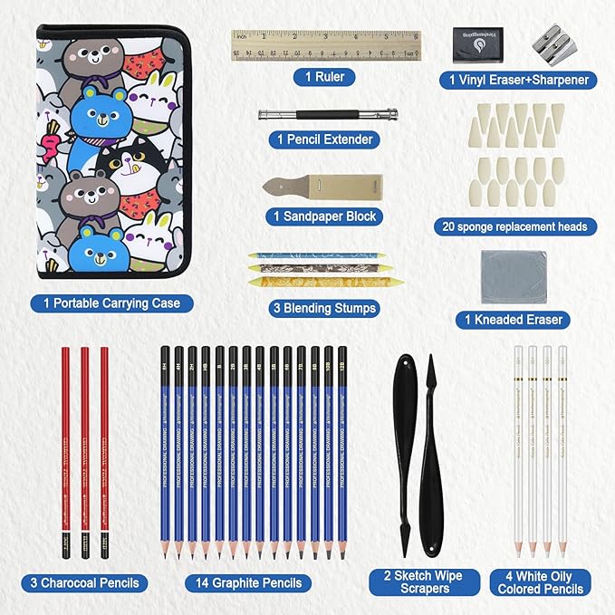 53 PCS Drawing Kit Sketching Pencil Set, Sketch Pencils Art Supplies with Graphite, Charcoal, Blending Tools, Drawing Pencils for Artists Adults Beginner Family Friends