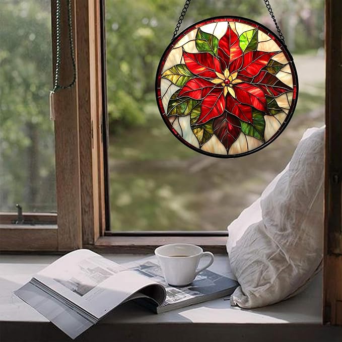 Stained Glass Window Hanging - Red Poinsettia Birth Flowers Suncatcher for Door Garden Yard Sun Catchers Decor Christmas Mother's Day Birthday Gifts for Women Mom Nana Teacher Friend 11.8 in