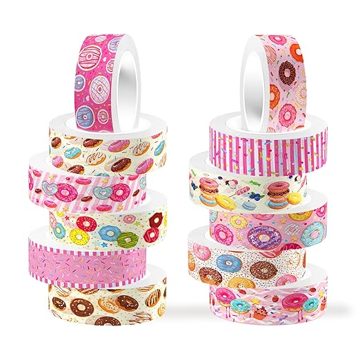 Donut Washi Tape Set 12 Rolls, Candy Cake Themed DIY Decorative Tape for Scrapbook Decorating, Art Journaling Accessories and Craft Projects