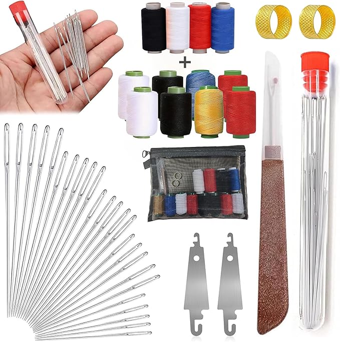 Big Eye Steel Sewing Needles Kit - Stainless Steel Needles for Hand Sewing Kit with Thread Ripper, Needle Threaders, Threads and Thimbles （45PCS）