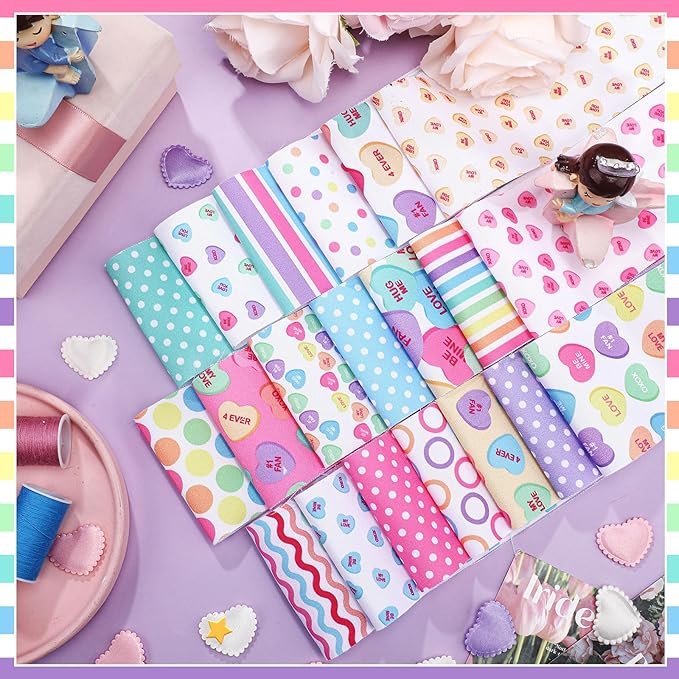 Ganeen 100 Pcs Valentines Conversation Heart Quilting Fabric Roll 2.56 Inch Fabric Squares Jelly Patchwork Precut Strips Bundles for Holiday Materials Craft DIY Sewing Cloths