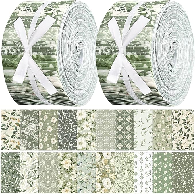 Ganeen 100 Pcs Sage Green Quilting Fabric Roll 2.56 Inch Fabric Squares Jelly Patchwork Precut Strips Bundles for Holiday Materials Craft DIY Sewing Cloths