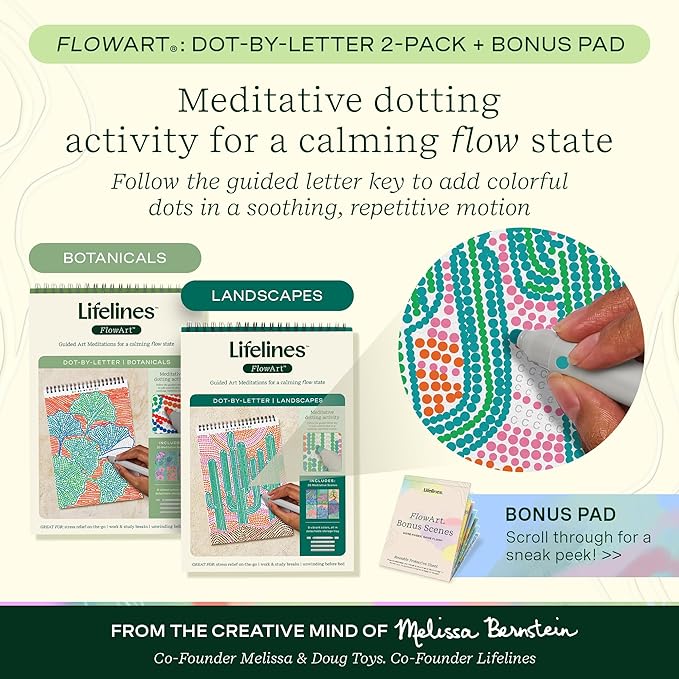 Lifelines FlowArt Activity Pad, 2-Pack & Bonus Pad - Guided Dot-by-Letter Art Meditations with Markers - Color by Number/Letter Coloring Books for Tweens, Adults & Seniors