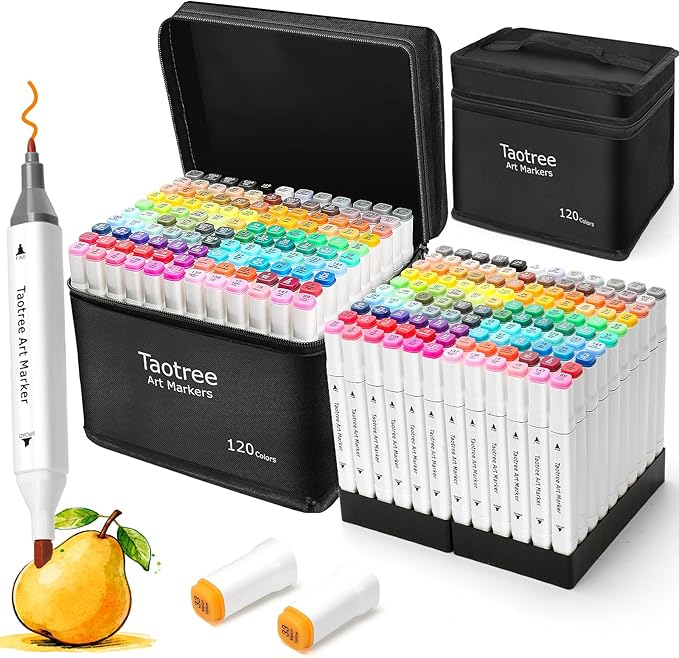 Taotree Alcohol Markers Set 120 Colors with Case & Holders, Dual Tips Art Coloring Markers Pens, Chisel & Fine Sketch Pens Art Supplies for Artist Adult Coloring Books Drawing, Painting, Sketching