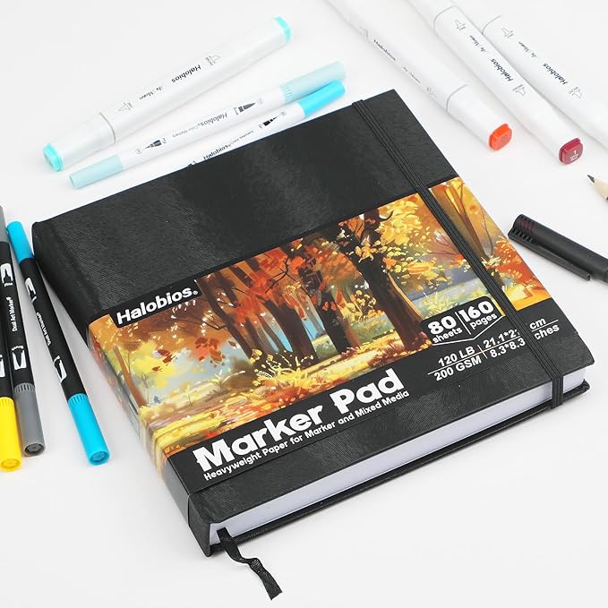 Halobios Square Sketchbook for Drawing, 120 lb/200 GSM Mixed Media Sketchbook, 80 Sheets/160 Pages Portable Marker Drawing Paper Sketch Book for Alcohol Markers, Artists, Beginners（8.3”x8.3”）
