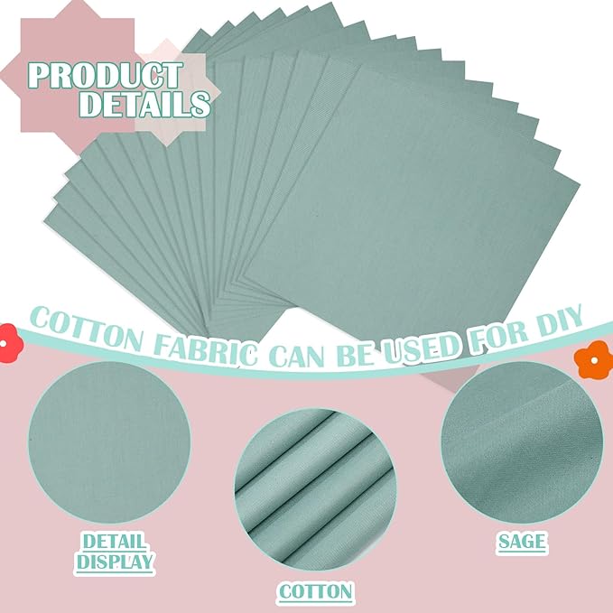 Buryeah 100 Pieces 10 x 10 Inches Cotton Fabric Squares Precut Quilting Fabric Bundles Solid Colors Layer Cakes Quilt Material for DIY Craft Sewing Embroidery(Sage)