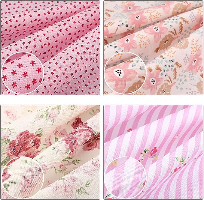 Boao 10 Pcs 20'' x 20'' Cotton Fabric Bundles, Pink Quilting Patchwork Pre-Cut Squares, Floral, Stripes, Gingham, Polka Dots Prints, Sewing Fabrics for DIY Handmade Crafting Home Party Decorations