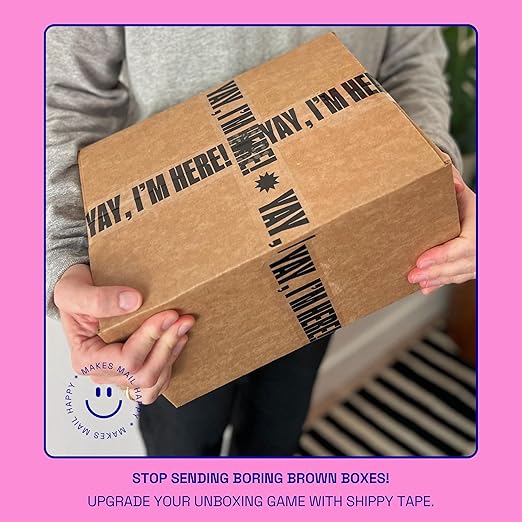 Printed Packing Tape for Small Business - Cool Decorative Designer Packaging and Shipping Tape - 1.88" x 110 Yards (330 feet) - Cute Yay, I'm Here! Clear Black