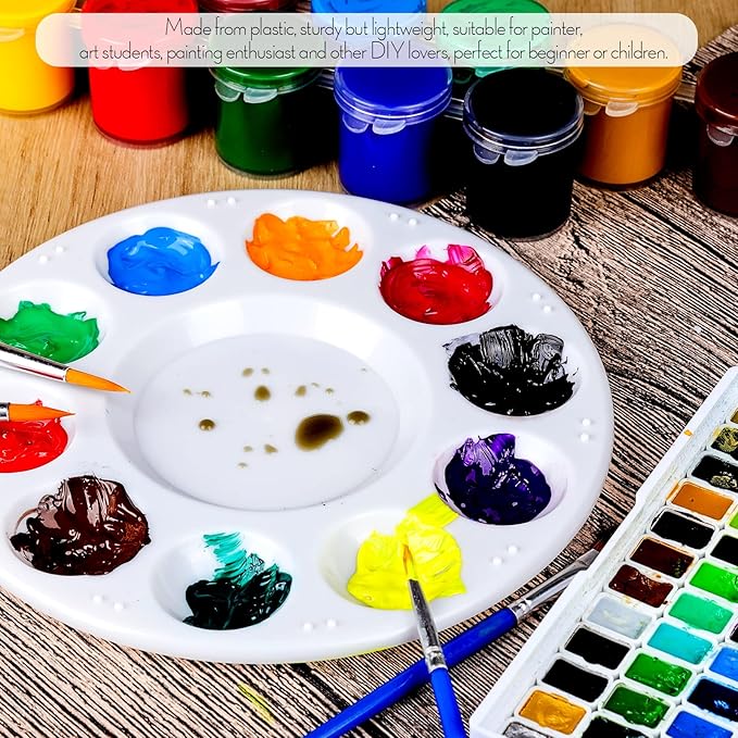 FANDAMEI Paint Palette, Paint Trays for Kids, Paint Pallets with 10 Wells for Adults & Kids, Round Paint Tray Palettes, Plastic Paint Tray Palette, for Painting or DIY Craft Class, White, 2 PCS