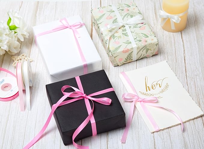 Pink Double Face Satin Ribbon 3/8 Inch x 45 Yards White Fabric Ribbon for Gift Wrapping, Flower Bouquets, Hair Bows Making, Wedding Decoration, Invitation Cards, Valentine's Day (3 Rolls *15Yd)