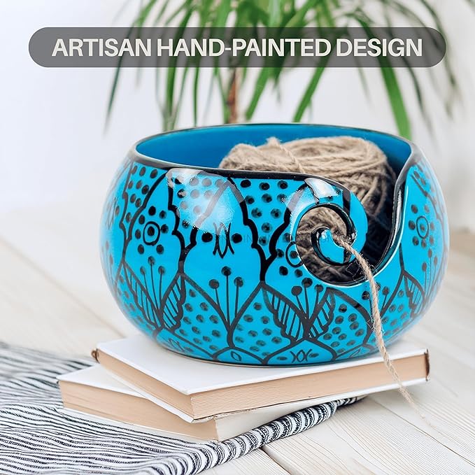 Nagina International Ceramic Attractively Hand Painted Gorgeous Stoneware Yarn Ball Storage Bowl With Innovative Dispensing Curl | Knitting & Crochet Accessions (Large, Greek Blue)
