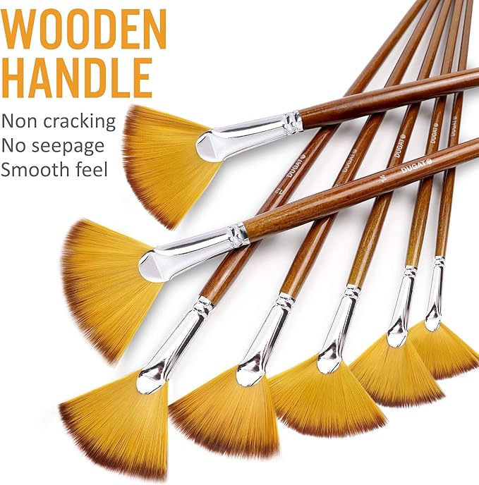 Artist Fan Paint Brushes Set 9pcs - Soft Anti-Shedding Nylon Hair Wood Long Handle Paint Brush Set for Acrylic Watercolor Oil Gouche Painting