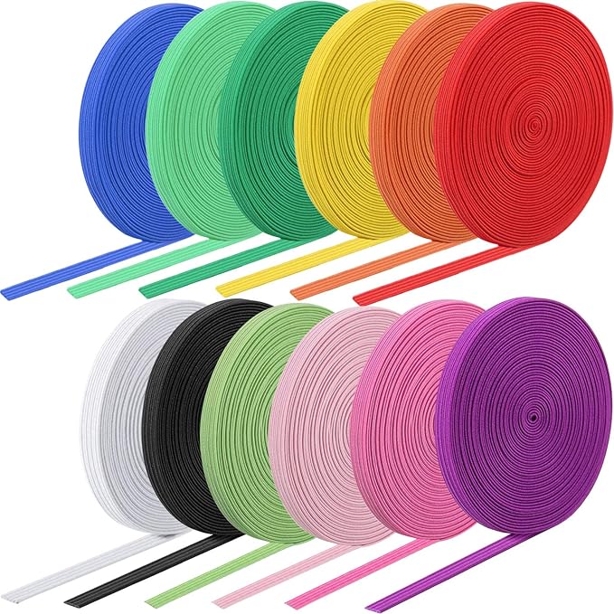 WILLBOND 12 Rolls Colorful Elastic Band Folding Elastic Cord Heavy Duty Stretch Band Knitted Flat Band for Sewing Crafts DIY Comforter Cuffs(1/4 Inch X 4.4 Yard,Bright Colors)