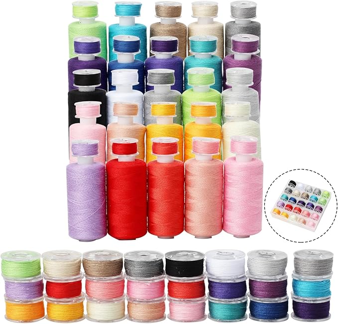 50Pcs Bobbins Sewing Threads Kit 25 Colors 500 Yards Sewing Polyester Thread Spools with 25Pcs Same Color Prewound Bobbins for Hand Sewing DIY Emergency Travel Sewing Machine Use