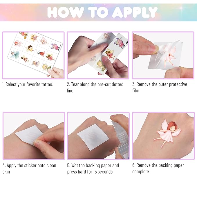 96PCS Fairy Temporary Tattoos Pre-Cut for Kids, Woodland Fairy Theme Birthday Party Favors Supplies, Cute Magical Stickers for Girls, Party Decorations, Classroom Gifts, Prizes and Rewards (Normal)