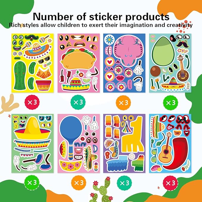 24 PCS Mexican Fiesta Stickers, Make Your Own Mexican Carnival Stickers, Make a Face Stickers for Kids, Cinco De Mayo Tacos Cactus Guitar Sticker for Mexican Carnival Themed Birthday Party Supplies