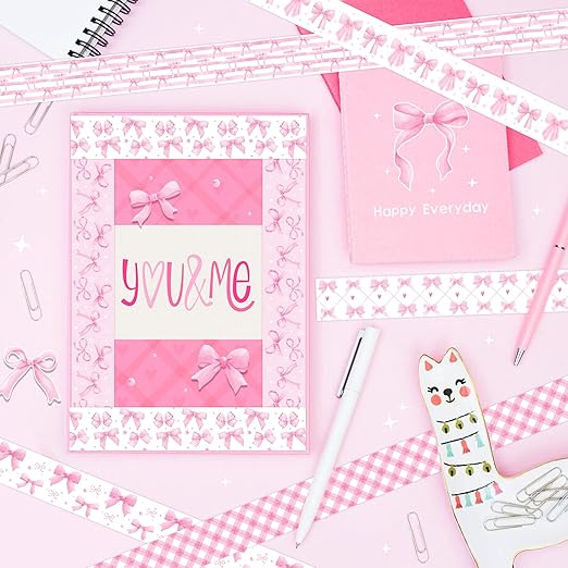 12 Rolls Pink Bow Washi Tape Set Bowknot Decorative Masking Tape Set - Bowknot, Buffalo Plaid Decorative Masking Tapes for Scrapbooking, Journaling, Coquette Party Decor, DIY Art Crafts