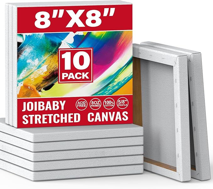 Stretched Canvas for Painting,10Pack 8X8 Inch Stretched White Blank Canvas,8 Oz Triple Primed 5/8" Profile Stretched Canvases,100% Cotton,Canvas for Painting, for Acrylics, Oils