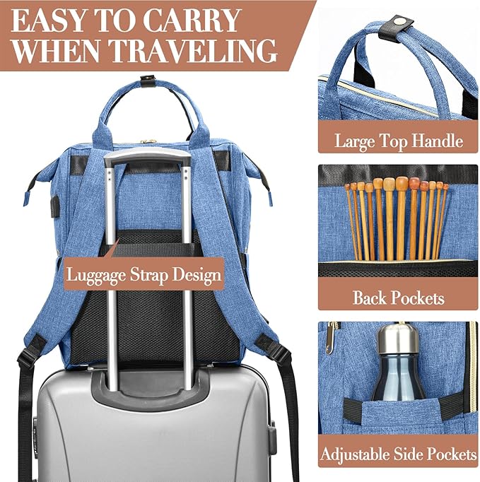 Knitting Bag Backpack, Yarn Organizer with USB Charging Port, Quilted Backpack for Women, Christmas Gifts Large Travel Crochet Bag Totes for Crochet Hooks, Knitting Needles, Yarn Supplies, Blue