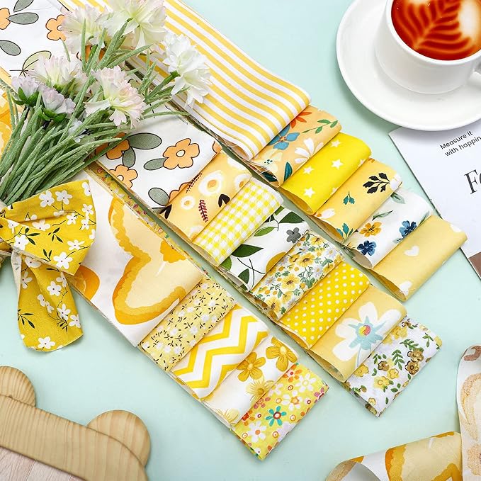 Ganeen 100 Pcs Yellow Floral Quilting Fabric Roll 2. 56 Inch Fabric Squares Jelly Patchwork Precut Strips Bundles for Holiday Materials Craft DIY Sewing Cloths