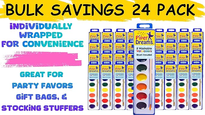 36 Pack of Watercolor Paint Sets for Kids - Quality Wood Brush - Washable - Nontoxic - 8 Vibrant Colors - Closable Lid