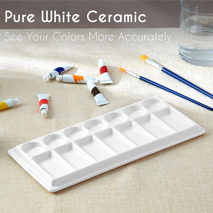 Rectangular Ceramic Paint Palette with Lid, 14-Well Porcelain Watercolor Mixing Tray for Acrylic, Oil & Gouache, Large Artist Watercolor Palette with Plastic Cover
