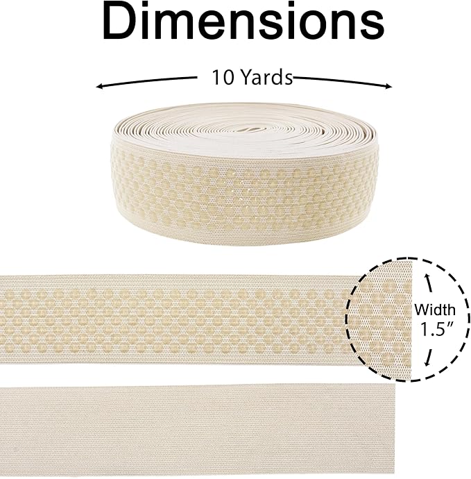 Mandala Crafts 1.5 Inch Elastic Silicone Gripper Tape for Clothing - 10 Yds Dotted Non Slip Elastic Band for Sewing - Cream Silicone Flat Fabric Stretchy Ribbon Straps