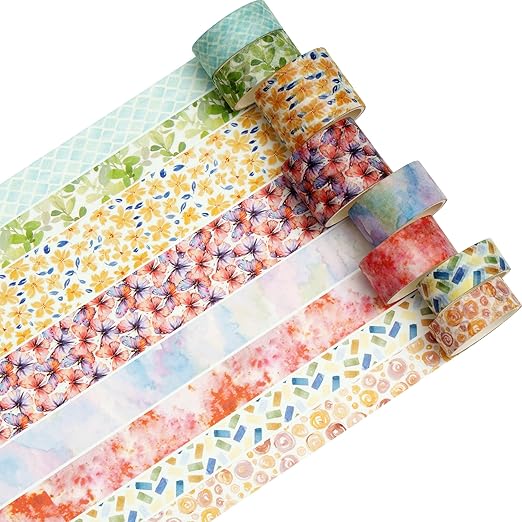 8 Rolls Retro Washi Tape Set Vintage Arts Adhesive Tapes Wide Painting Patterned Decorative Masking Tape Sets for Craft, Kids, Scrapbook, DIY, Gift Wrapping (Watercolor Ink)