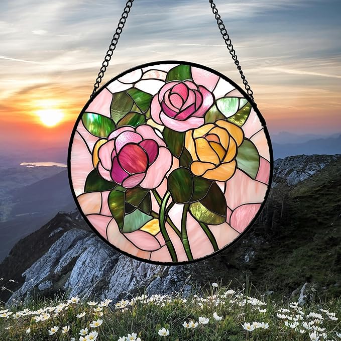 Stained Glass Window Hanging 4 Pcs Set Pink Floral Theme 9.8" - Flowers Suncatcher Door Garden Sun Catcher Decor Birthday Christmas for Mom Woman Nana Men Friend