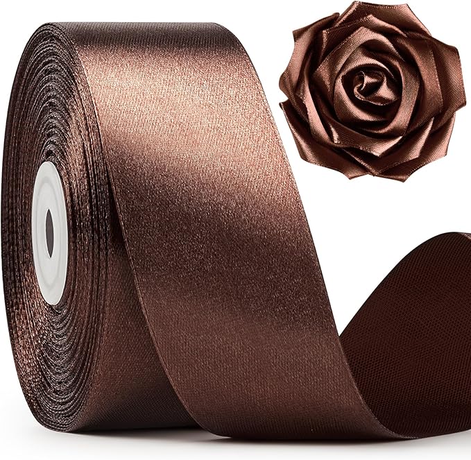 1-1/2 Inch Wide Brown Satin Ribbon, 50 Yards Solid Polyester Fabric Ribbon for Roses Making, Gift Wrapping, Valentine's Day, Wedding Decorations, Crafts, Bows