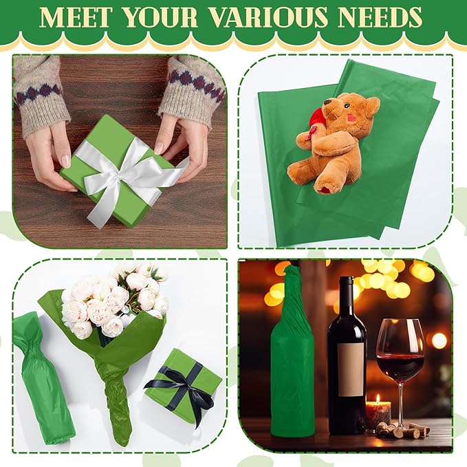 Qilery 500 Sheets Green Tissue Paper Bulk for Gift Bags 20 x 30 Inch Acid Free Wrapping Paper Sheets for St. Patrick's Day Mardi Gras Decoration DIY Crafts, Packing Supplies for Moving, Wedding Party