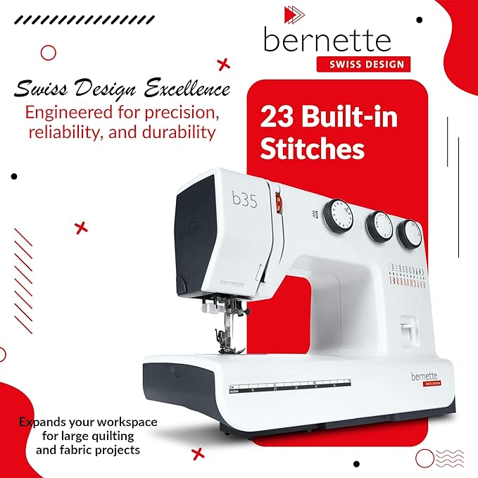 Bernette B35 Sewing Machine with 23 Built-In Stitches, 5mm Stitch Width, Front-Loading Hook, 1-Step Buttonhole, and 10 Free Bobbins
