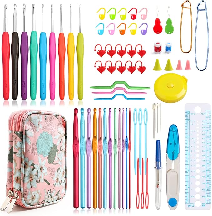 KOKNIT Crochet Hooks Set with Storage Case - 9 Soft Grip Ergonomic Crochet Needles,12 Coloured Aluminum Yarn Crocheting Crochet Hooks,Crochet Kit with Crochet Supplies and Accessories