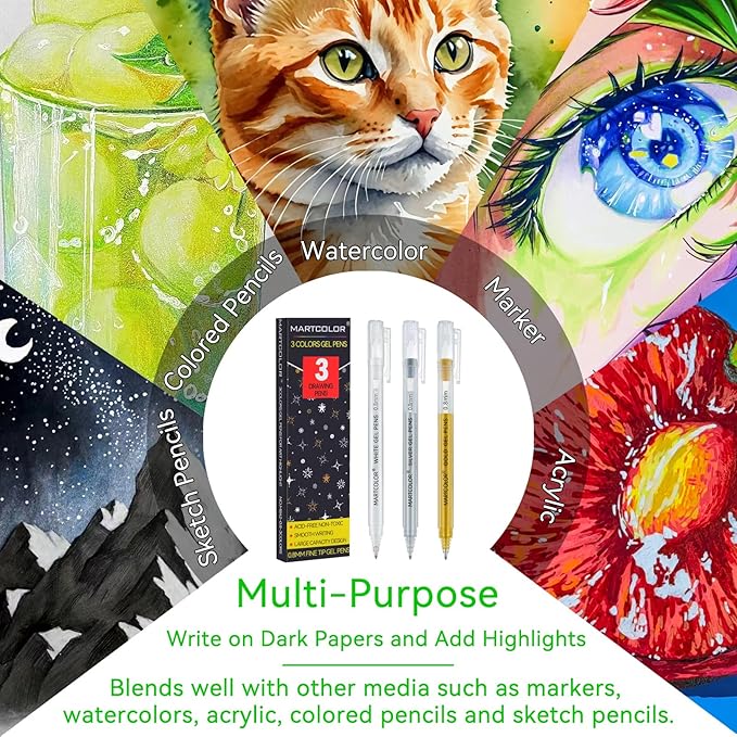 Gold Silver White Gel Pens, 0.8mm Extra Fine Point Opaque Archival Ink Pen for Black Paper Drawing, Art Highlight, Illustration, Bullet Journaling, Card Making & DIY Projects, 3 Pack