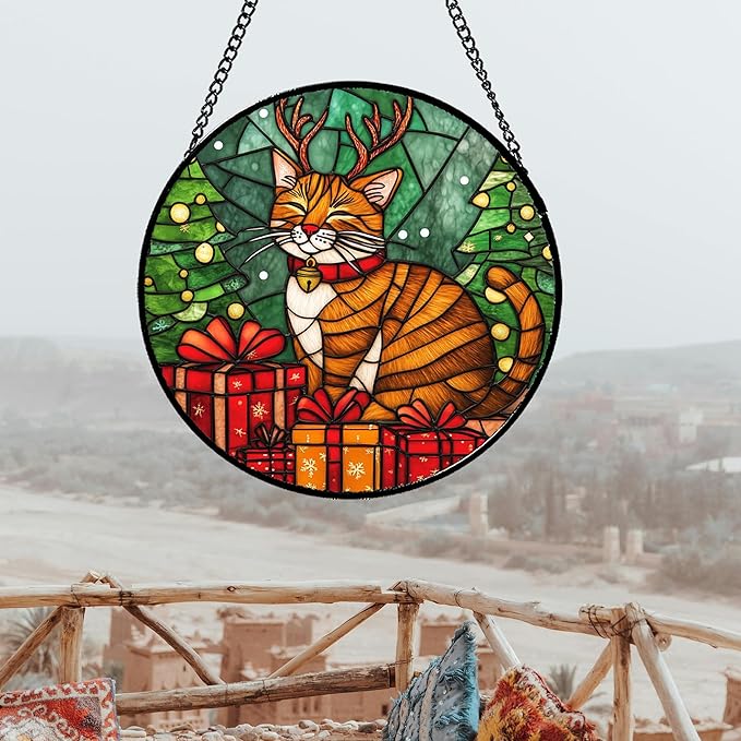 Stained Glass Window Hanging Orange Cat Elk Antler Large 15" - Suncatcher Door Garden Kitchen Sun Catcher Home Decor Birthday Gifts for Lost Pets Mom Men Woman Friend Grandma