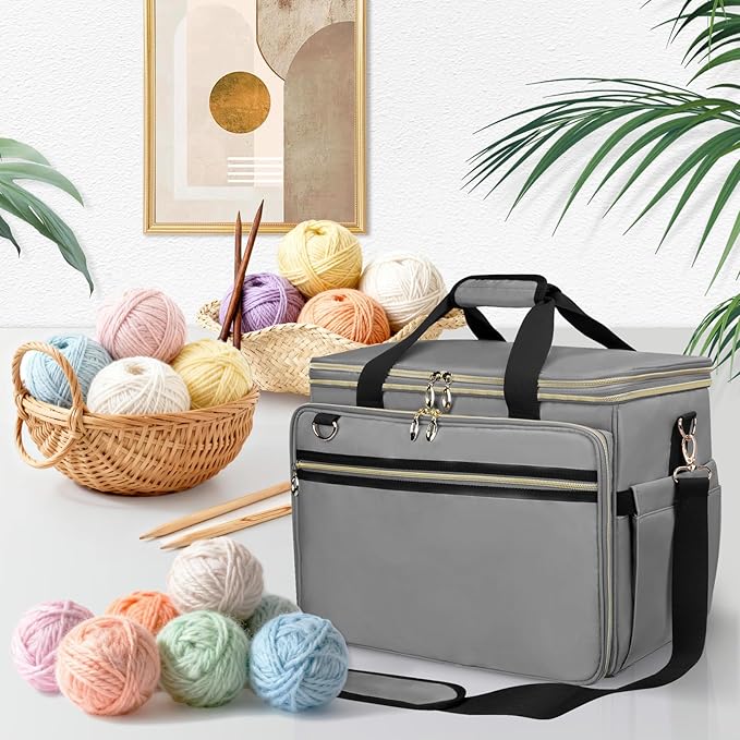 Large Crochet Bags Knitting Bags Yarns Storage Tote, Yarn Bag with Clear Top Lid, Unfinished Project Compartment, 6 Yarns Holes. Holds Knitting Needles, Crochet Hooks, Yarn, Gray, (Bag Only)