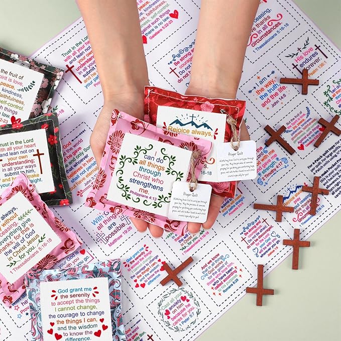 Pocket Prayer Quilt Panel Squares with Small Wooden Crosses Mini Scripture Pocket Prayer Quilt for Friend Family Religious Spiritual Gift Easter Reward Gift(Classic,Brown)